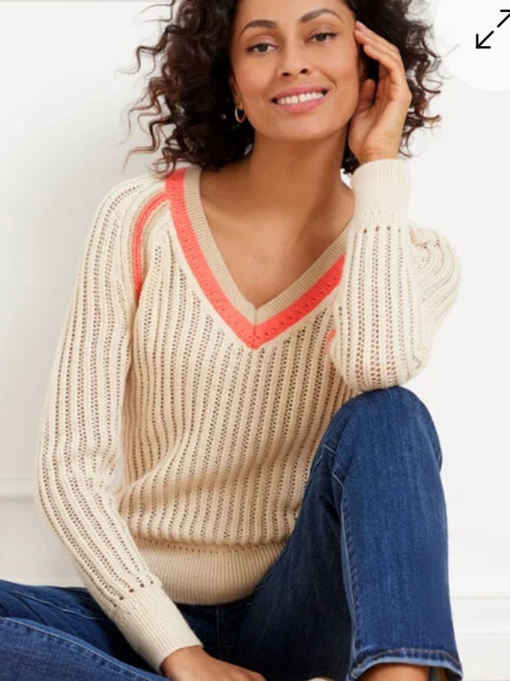 Talbots TIPPED V-NECK Cream and Orange SWEATER Adult Size Medium NWT